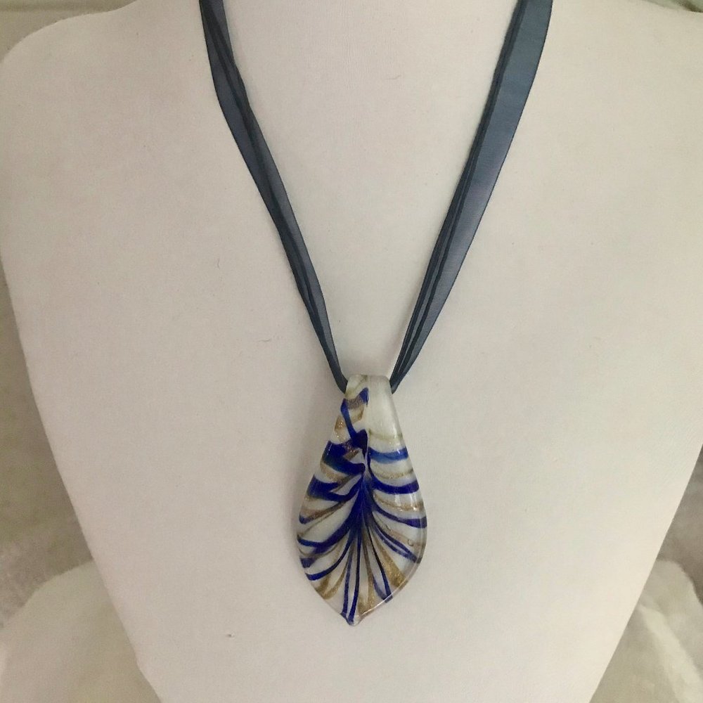Glass Pendant /Necklace hand blown blue and gold